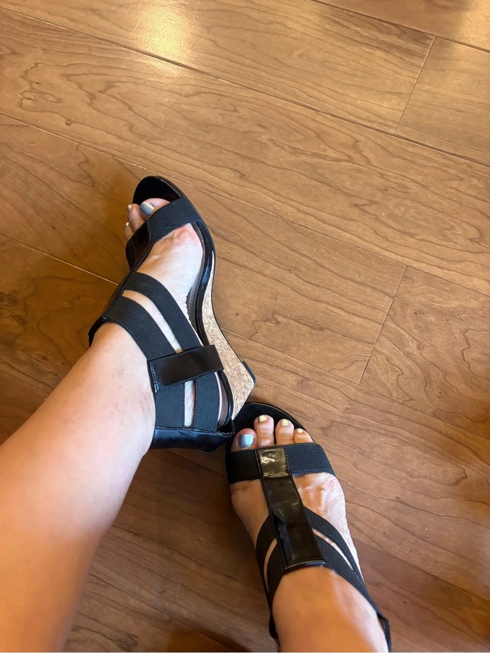 dexflex comfort Black Cork Wedge Sandals - Strappy Open Toe